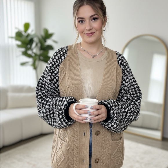 Sweaters - New Chic Beige and Black Houndstooth Cardigan
